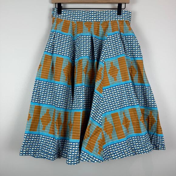 Francis + Benedict A-Line Skirt Women's Small Blue Brown Geo Pleated Togo Africa - Picture 6 of 10